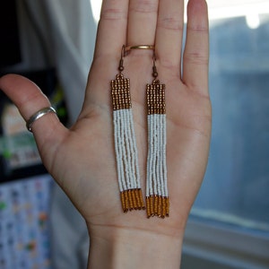 Rectangle Beaded Earrings ⋄ Gold White Beaded Earrings ⋄ Long Fringe Earrings ⋄ Seed Bead Earrings ⋄ Boho Earrings ⋄ Gift For Her