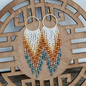 Gold Beaded hoop Earrings, seed bead fringe earrings, Boho beaded Earrings, Ombre fringe hoop earrings, Statement Earrings, Gift for Her