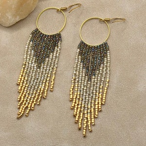 Long Beaded Fringe Earrings, beaded hoop earrings, Boho beaded Earrings, Ombre Seed Bead Earrings, Statement Earrings, boho chic earrings