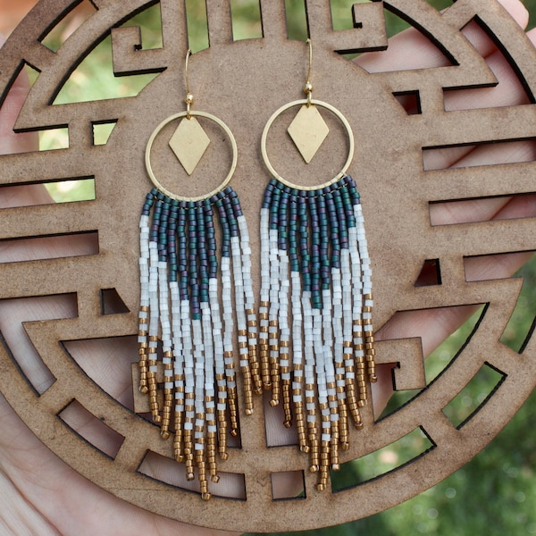Gold beaded hoop earrings, beaded fringe earrings, seed bead earrings, boho hippie dangle statement earrings, ombre fringe earrings