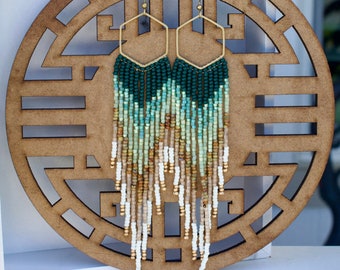 long beaded hoop earrings, beaded fringe earrings, seed bead earrings, boho beaded earrings, statement earrings, ombre fringe earrings,