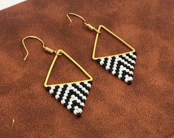 Geometric Seed Bead Earrings, Gold Triangle, Striped Boho Earrings