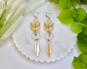 Boho Gold Brass Sun and Moon Earrings, Amazonite Jasper, Geometric Dangle, esoteric celestial