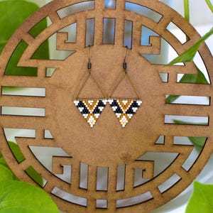 Boho Seed Bead Earrings: Antique Brass Triangle, Southwest Pattern