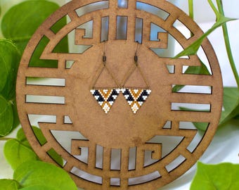 Boho Seed Bead Earrings: Antique Brass Triangle, Southwest Pattern