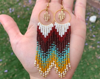 Cactus Charm Beaded Fringe Earrings, Desert Theme Boho Jewelry