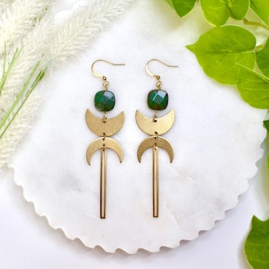 Gold Brass Agate Gemstone Earrings: Boho Celestial Jewelry