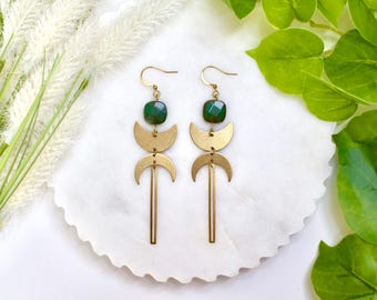 Gold Brass Agate Gemstone Earrings: Boho Celestial Jewelry