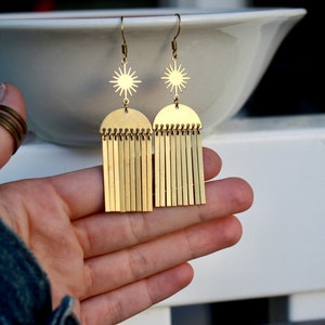 Gold Brass Geometric Dangle Earrings: Celestial Half Moon Starburst Earrings