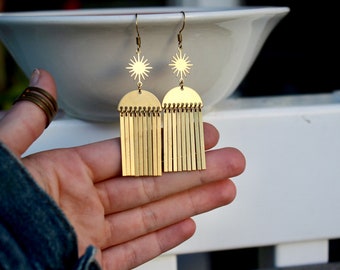 Gold Brass Geometric Dangle Earrings: Celestial Half Moon Starburst Earrings