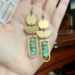 Turquoise geometric statement earrings, boho brass dangle earrings, celestial half moon earrings, minimal modern jewelry, gift for her