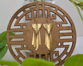 Brass Geometric Fringe Earrings: Handmade Modern chandelier earrings, triangular gold dangle earrings