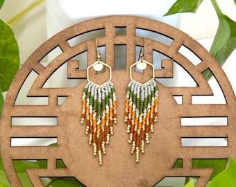 Boho beaded hexagon hoop fringe earrings, dainty seed bead earrings, statement earrings, ombre fringe earrings