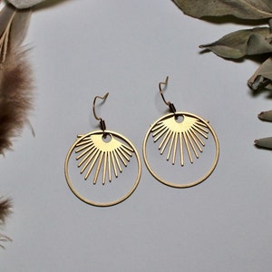 Boho geometric earrings, modern gold hoop earrings, minimalist boho jewelry, gold circle earrings, brass earrings, celestial sun earrings