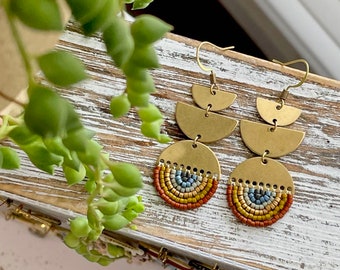 Beaded boho geometric earrings, brass beaded earrings, seed bead earrings, gold beaded earrings, minimalist modern earrings, statement piece