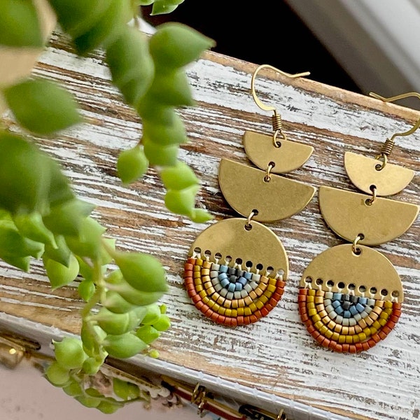 Beaded boho geometric earrings, brass beaded earrings, seed bead earrings, gold beaded earrings, minimalist modern earrings, statement piece