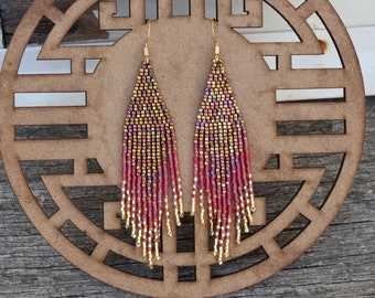 Gold Beaded Fringe Earrings ⋄ Bohemian statement Earrings ⋄ Ombre Seed Bead Earrings ⋄ Metallic Red Gold, Handmade Beaded Earrings