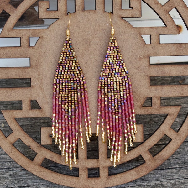 Gold Beaded Fringe Earrings ⋄ Bohemian statement Earrings ⋄ Ombre Seed Bead Earrings ⋄ Metallic Red Gold, Handmade Beaded Earrings