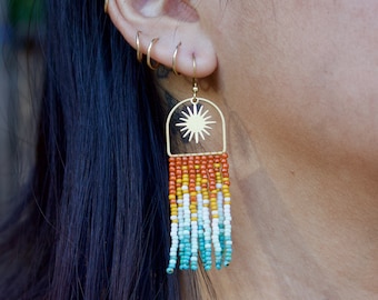 Handmade Boho Seed Bead Fringe Earrings: Sun Charm Dangle