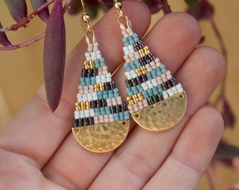 Miyuki Seed Bead Earrings, Boho Brass Teardrop Fringe Earrings