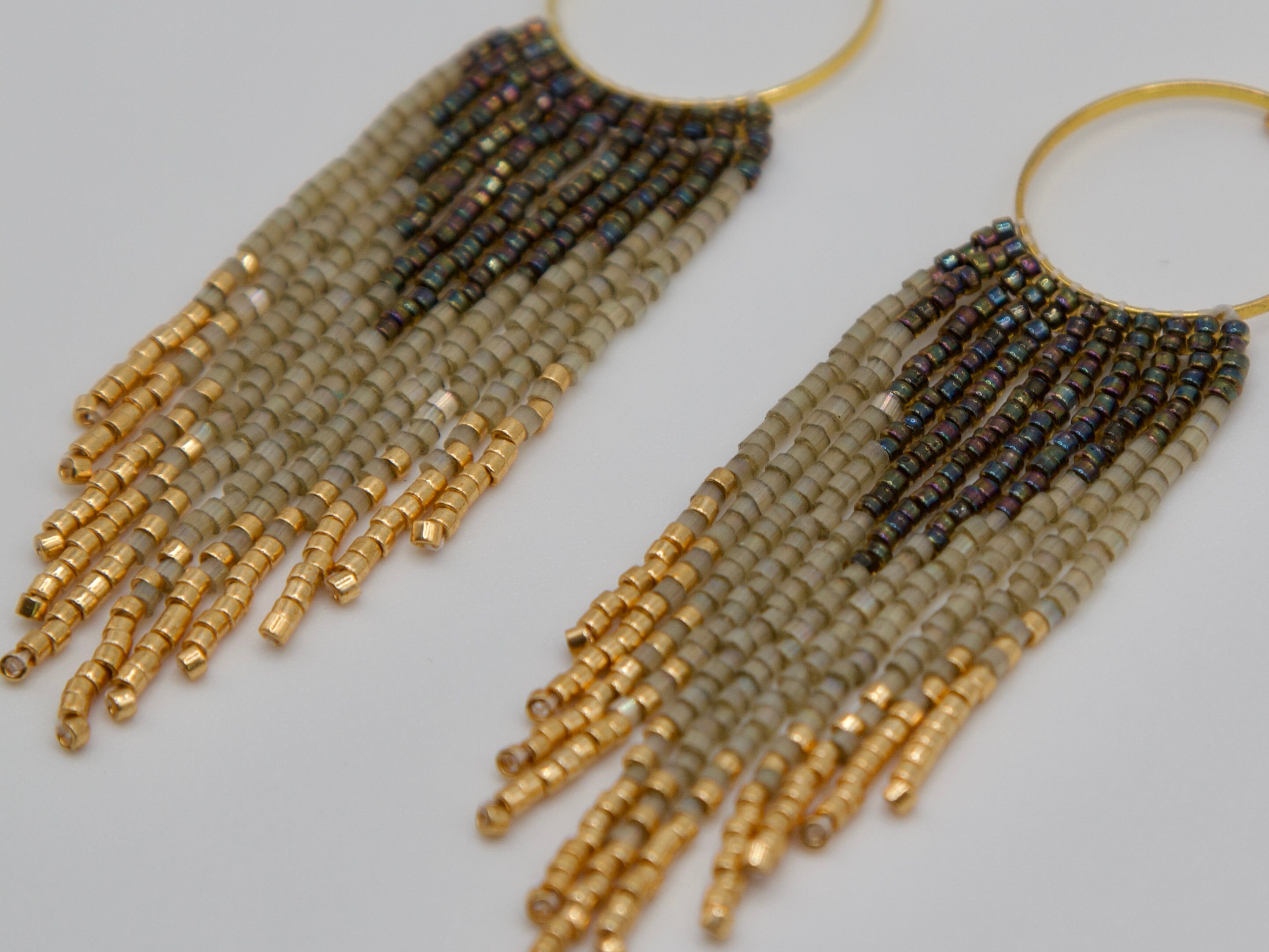 Long Beaded Fringe Earrings, Beaded Hoop Earrings, Boho Beaded Earrings ...