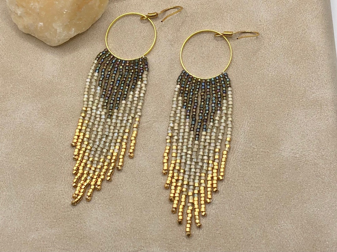 Long Beaded Fringe Earrings, Beaded Hoop Earrings, Boho Beaded Earrings ...