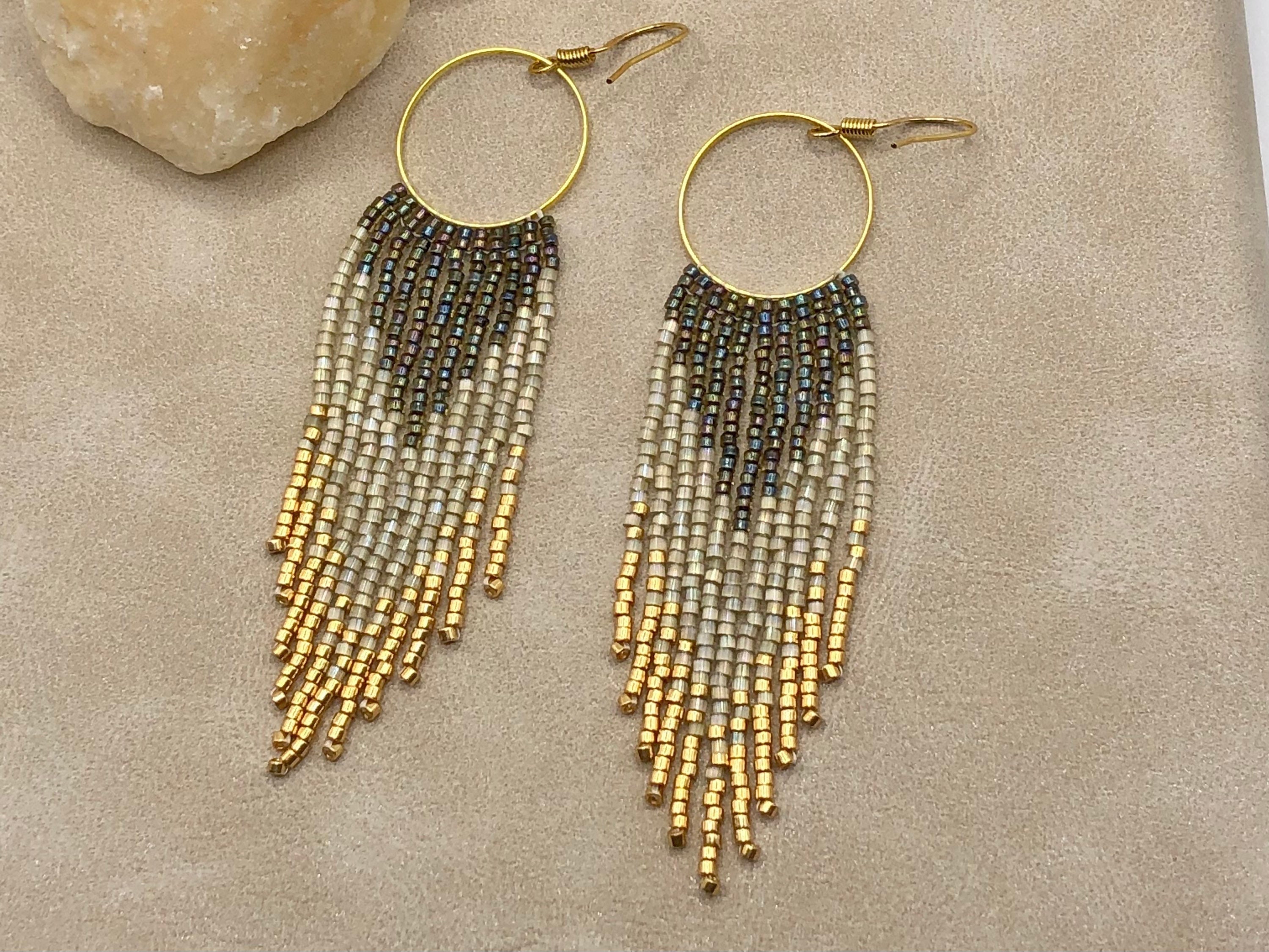 Long Beaded Fringe Earrings, beaded hoop earrings, Boho beaded Earrings, Ombre Seed Bead Earrings, Statement Earrings, boho chic earrings