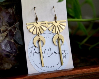 Geometric bohemian gold earrings, boho raw brass dangle earrings, celestial half moon earrings, minimal modern jewelry, gift for her