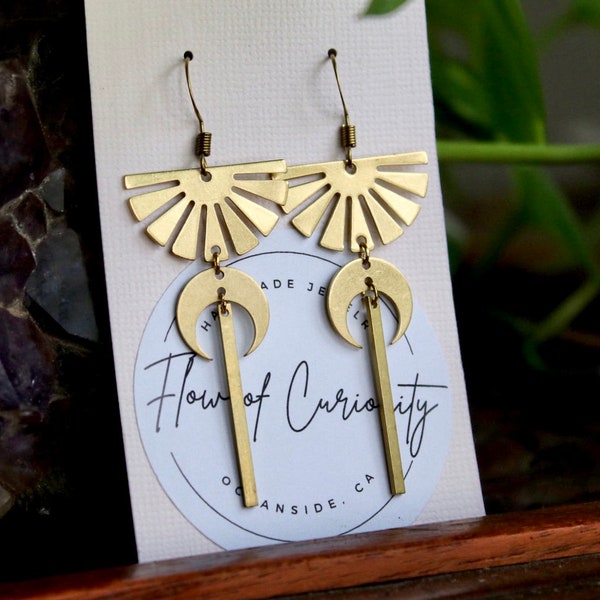 Geometric statement earrings, boho brass dangle earrings, celestial half moon earrings, minimal modern jewelry, gift for her