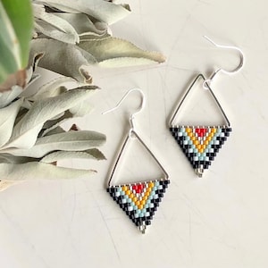 geometric seed bead earrings small triangle beaded earrings silver hippie earrings boho earrings southwestern earrings gift for her