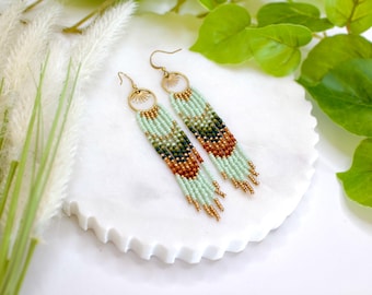 Long beaded fringe hoop earrings, boho seed bead south western style earrings, statement jewelry