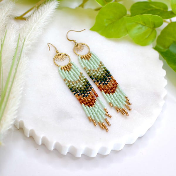 Long beaded fringe hoop earrings, boho seed bead south western style earrings, statement jewelry