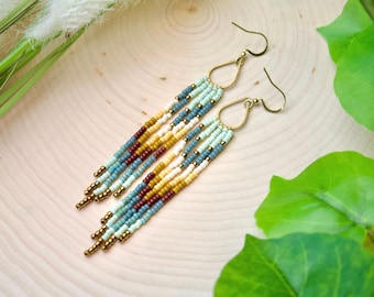 boho beaded fringe earrings, southwestern earrings, gold hoop seed bead earrings, boho hippie ombre earrings, long skinny fringe earrings