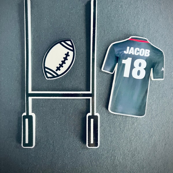 Rugby Cake Topper luxury double layered set. Personalised Rugby T-shirt, , rugby ball.  rugby goal posts