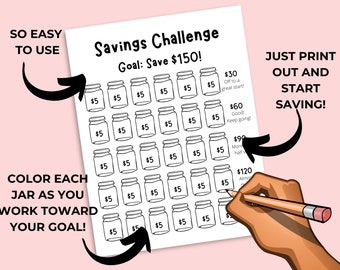 Savings Challenge 150 dollars | Printable Savings Tracker | Savings Planner | Savings Jar | Money Tracker | Savings goals
