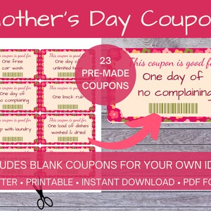 Coupons Fête des Mères | Coupons imprimables | Coupons fête des mères | Cadeau d&#39;enfants | Cadeau de dernière minute | Cadeau facile | Téléchargement instantané