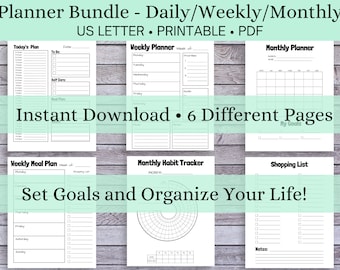 May include: A printable planner bundle with six different pages for daily, weekly, and monthly planning. The pages include a to-do list, a weekly meal plan, a monthly habit tracker, and a shopping list. The pages are designed to help you set goals and organize your life.
