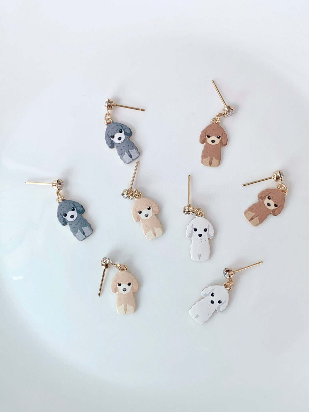 Dog Dangle Earrings, Poodle Earrings, White Brown Beige Gray Toy Poodle