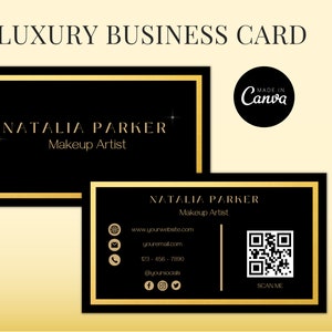 Bewerkbare gouden luxe visitekaartje | Visitekaartje met QR-code | Zwart en goud | Canva-sjabloon voor Lash Tech, visagiste, haarstylist