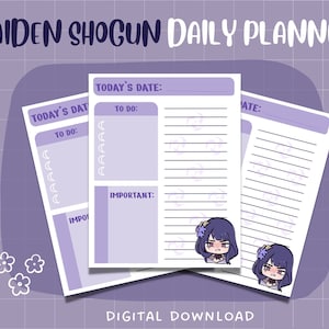 Op de afbeelding: Een printbare dagelijkse planner met een paars en wit ontwerp met een cartoonfiguur uit het videospel Genshin Impact. De planner heeft secties voor de datum van vandaag, een to-dolijst en belangrijke notities.