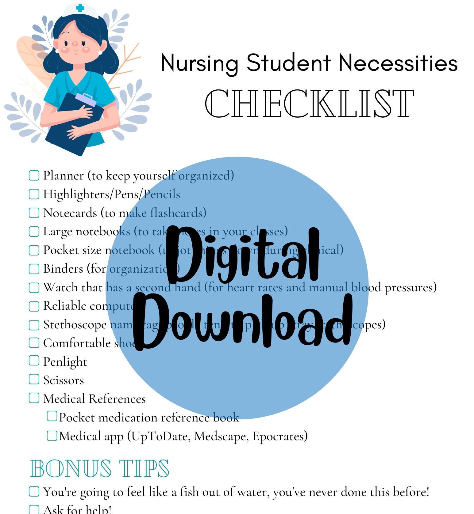 Nursing Student Checklist Nursing School Nursing Student Etsy