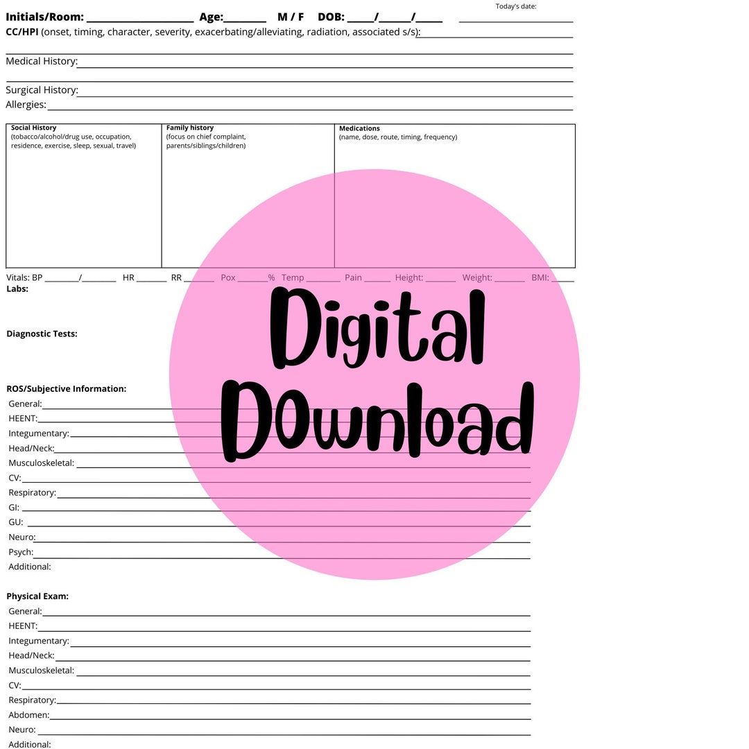 Physical Exam Template, History and Physical Template, Digital Download