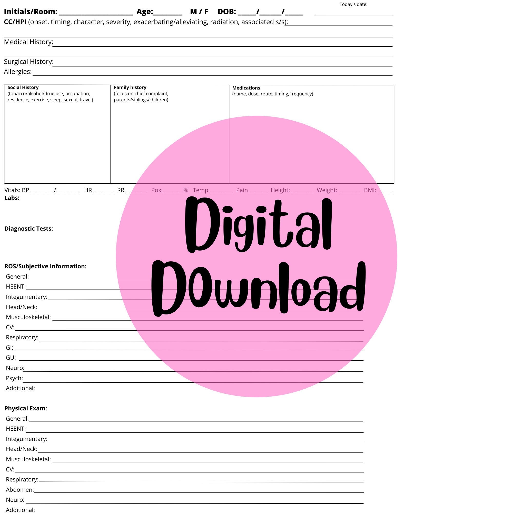 Physical Exam Template History and Physical Template Digital Etsy