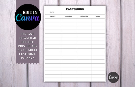 Password List Printable Template Password Template Form - Etsy