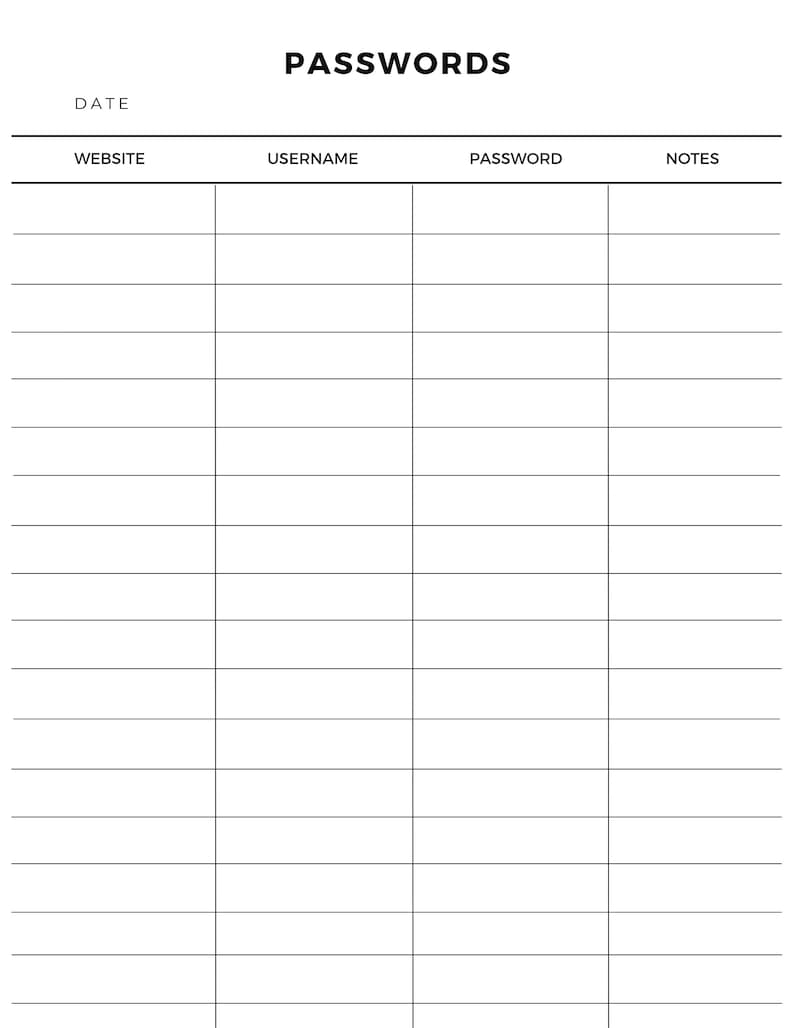 Password List Printable Template Password Template Form - Etsy