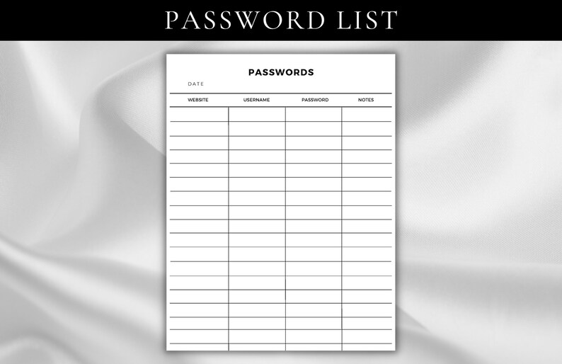 Password List Printable Template Password Template Form Etsy