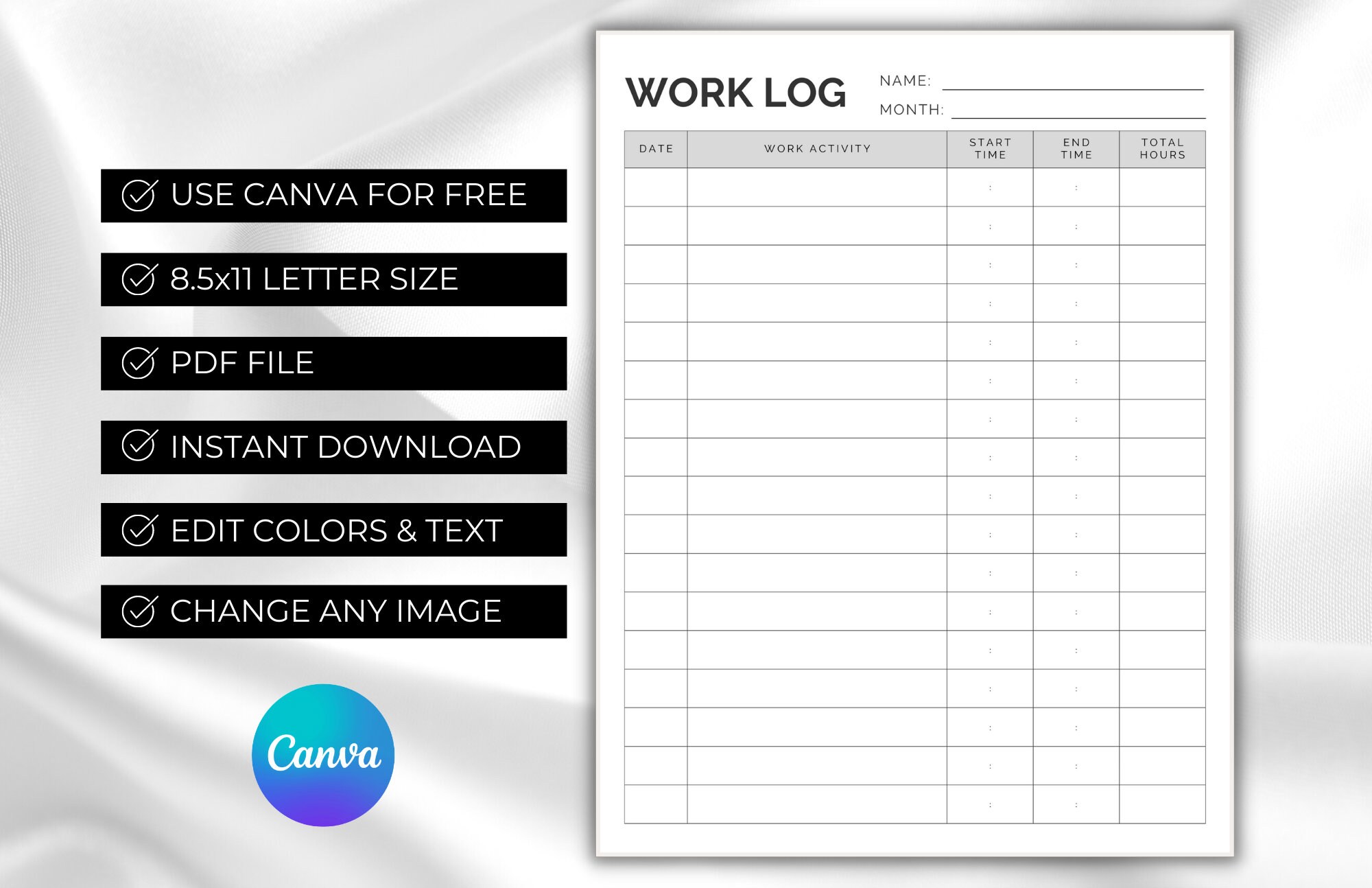 Work Log | Printable Template | Form | Chart | Canva | PDF | List | Editable | Sheet | Download ...