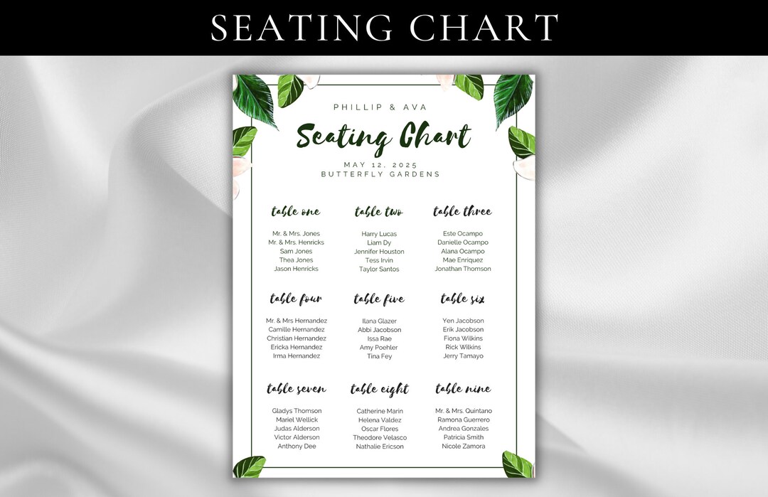 Seating Chart Wedding Table Seating Guest Chart Printable Template Form ...