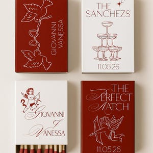 May include: Four matchboxes with red and white designs. Two boxes are red with white illustrations of doves and an angel with a bow and arrow. Two boxes are white with champagne glasses and the text "The Sanchezs" and "Giovanni Vanessa".