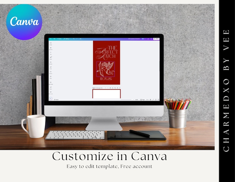 May include: A desktop computer displays a red graphic with the text "THE PERFECT MATCH" and an illustration of Cupid. The image is on a wooden desk with a keyboard, a white mug, and a pencil holder. The Canva logo is in the upper left corner.